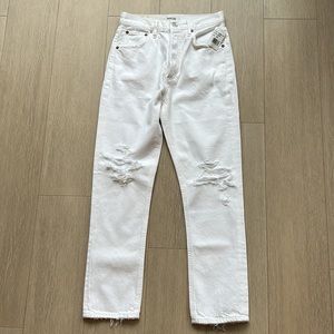 Riley High-Rise Distressed Tapered Straight Leg Crop Jeans